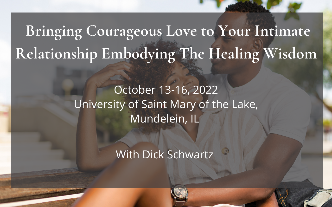 Image of an African American couple cuddling with text that reads Bringing Courageous Love to Intimate Relationships  Embodying the Healing WIsdom. October 13-16 University of Saint Mary of the Lake, Mundelein, IL