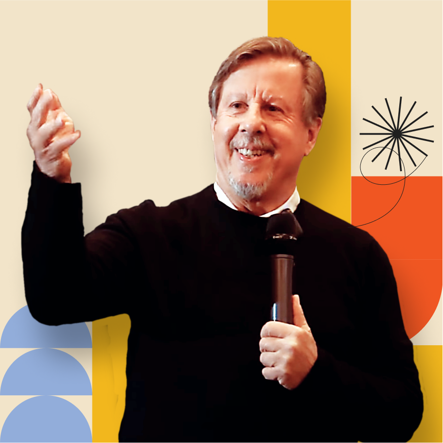 Photo of Dick Schwartz teaching against a graphic overlay of multiple colors and shapes