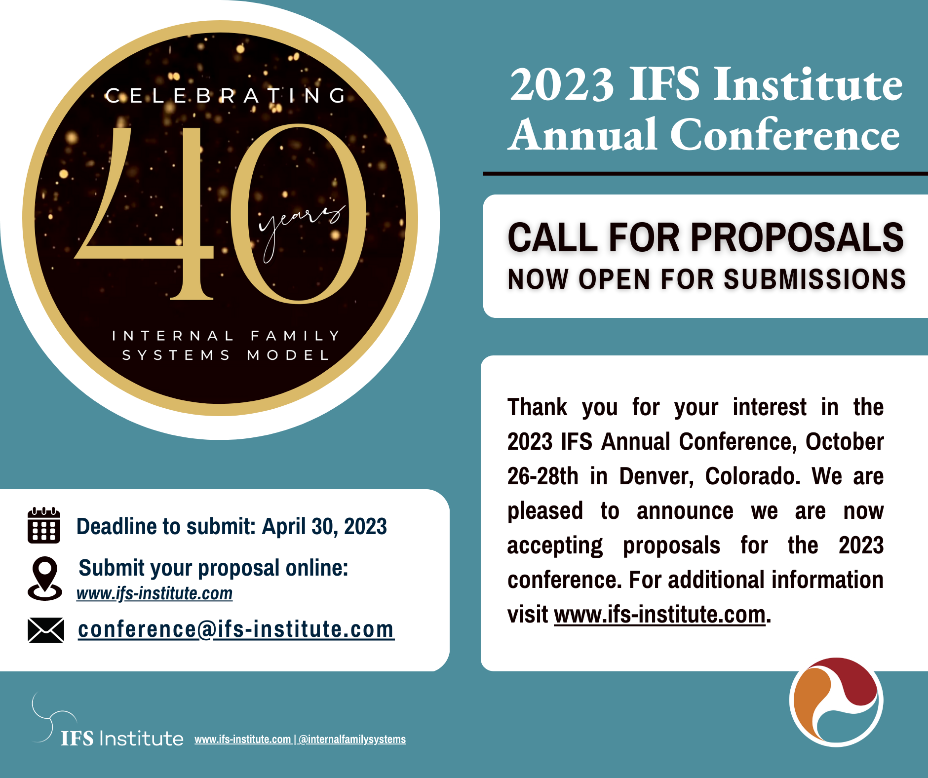 Blue square with text 2023 IFS Annual Conference - Call for Proposals NOW OPEN. Due by April 30th. 