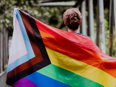 Image of a person with short hair facing away from a camera holding a Progressed Pride Flag up along their back