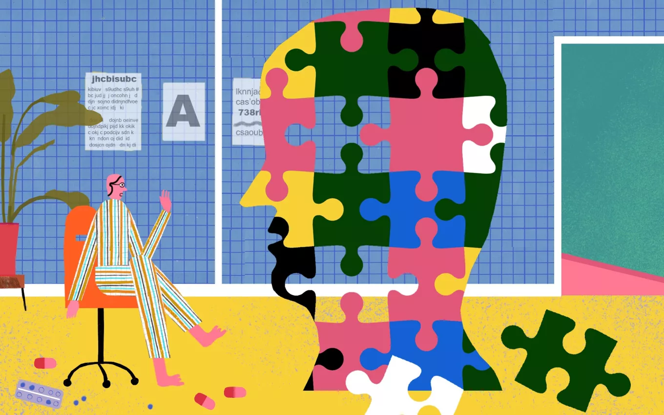 Illustration of a therapist in a chair with a colorful large head made of puzzle pieces