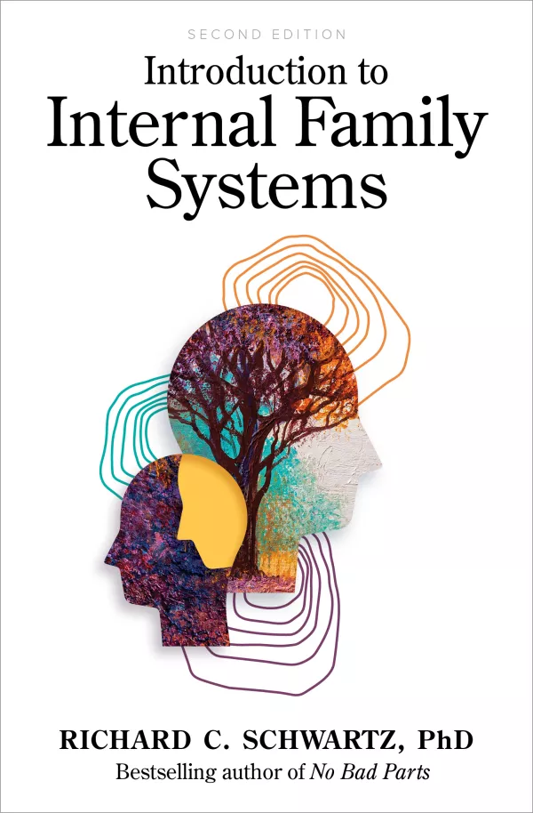 Book cover of Introduction to Internal Family Systems featuring an image of 2 transparent heads with trees growing inside as their mind and graphic elements surrounding