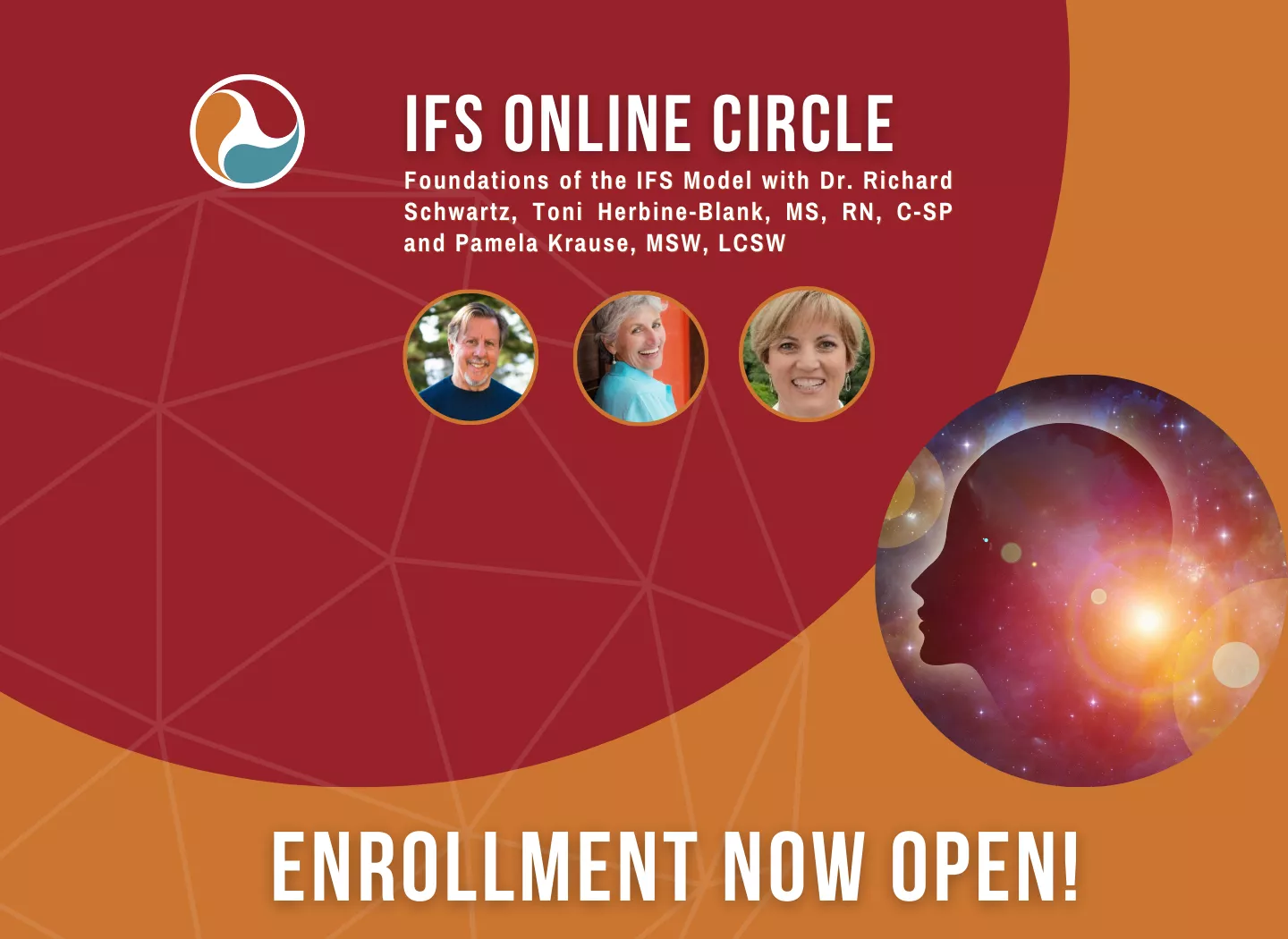 image of red and orange icons with text that reads IFS Online Circle, headshots of Dick Schwartz, Toni Herbine-Blank and Pam Krause. Text also reads Enrollment now open