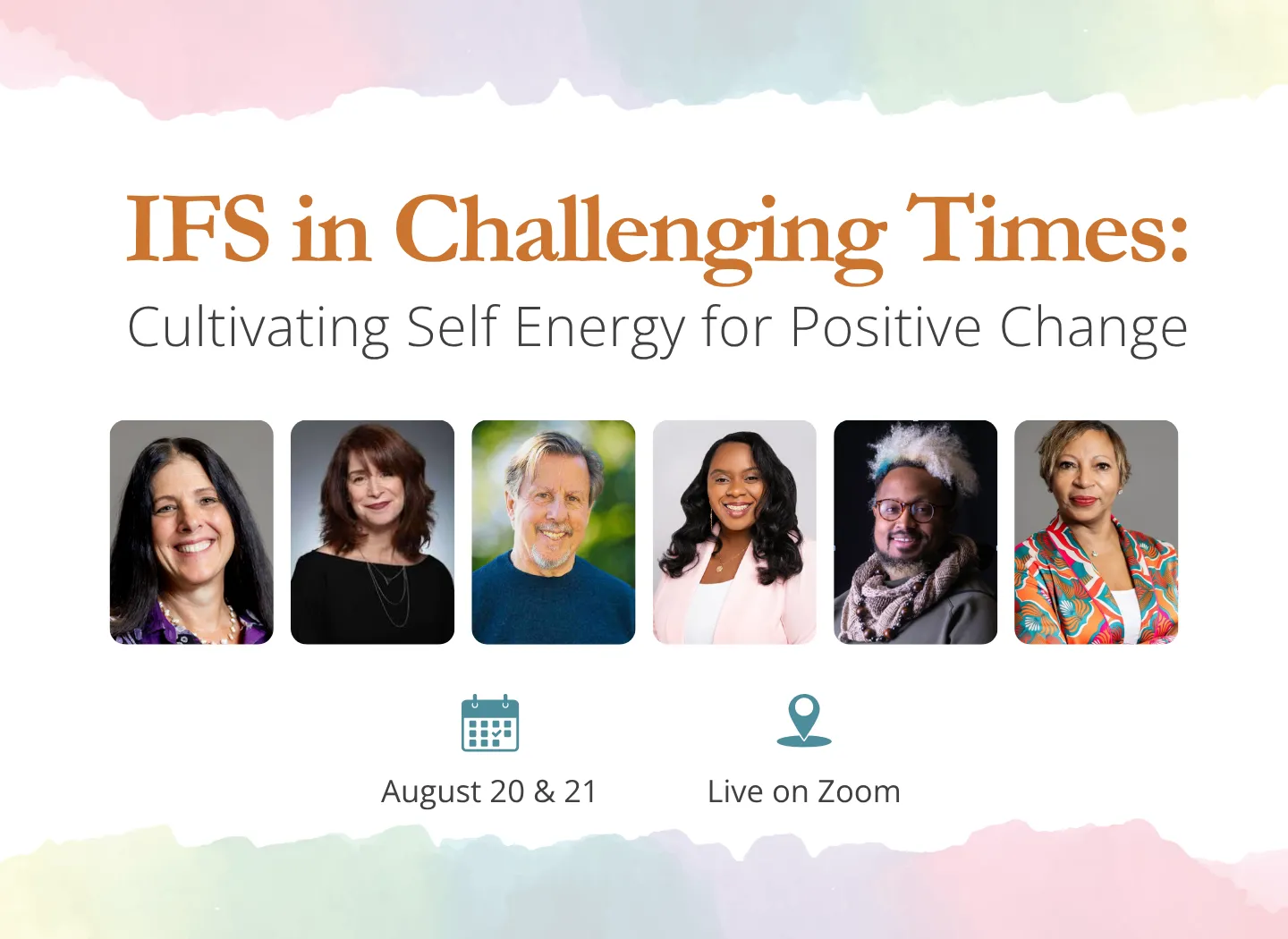 Banner featuring trainers ichard Schwartz, LaTonya Demps, Rosa Bramble Caballero, Ann Sinko, Einat Bronstein, and William Washington for IFS in Challenging Times event