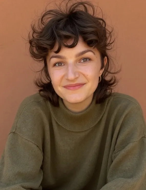 A femme-presenting person with a curly brown mullet and relaxed smile.