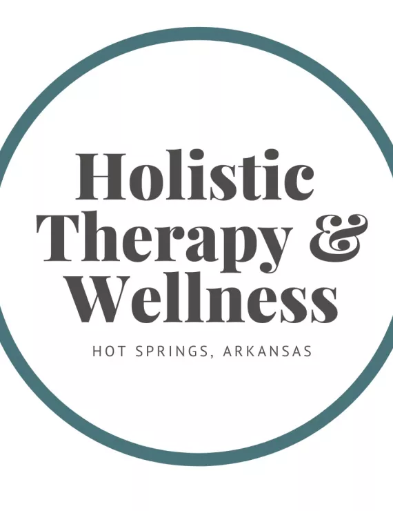 “Holistic Therapy & Wellness, Hot Springs, AR” in dark grey font surrounded by a teal circle
